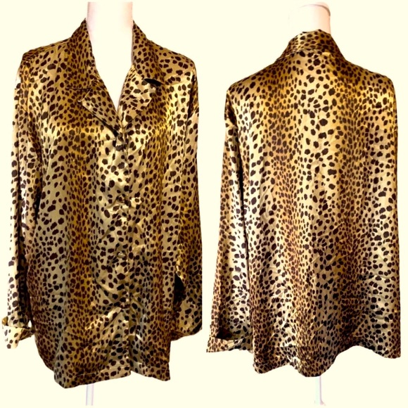 VICTORIA’S SECRET LEOPARD SATIN BUTTON UP PAJAMA TOP BLACK CREAM XL FITS 1X - Picture 2 of 3
